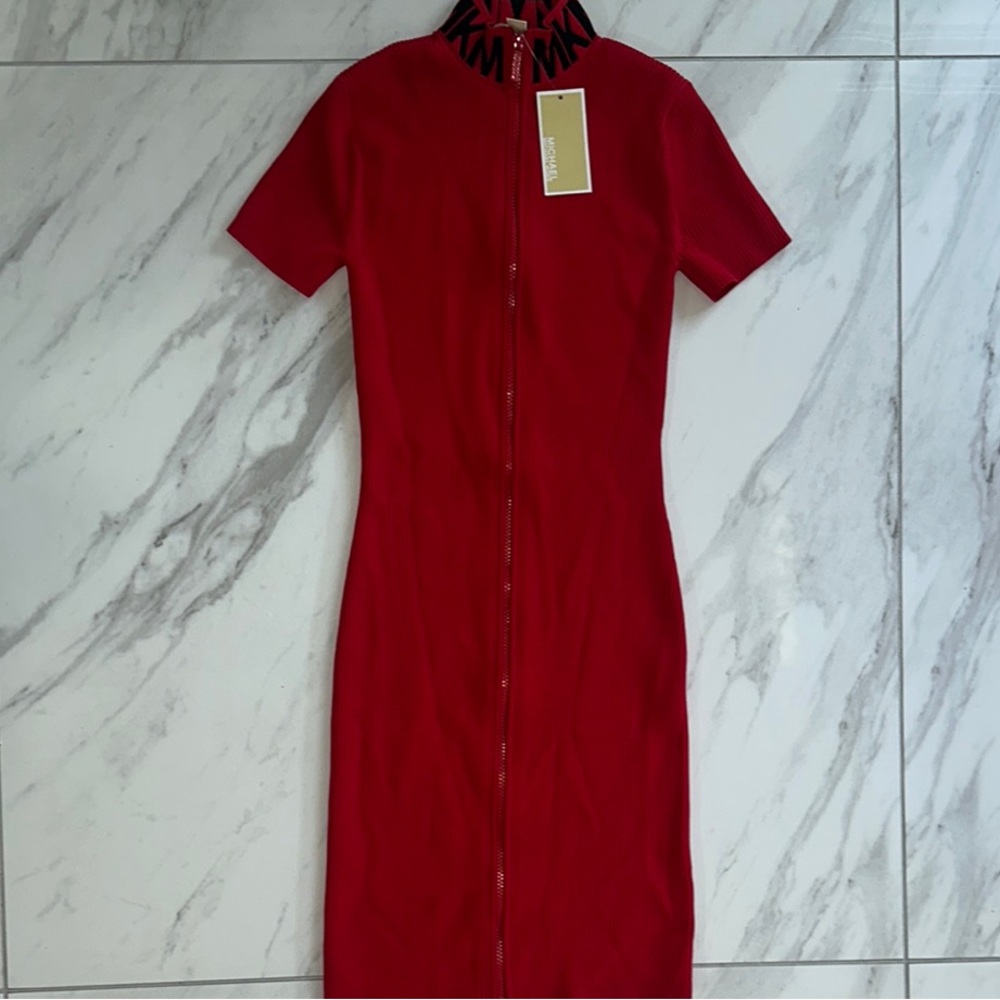 Michael Kors Red Sheath Midi Dress Mock Neck